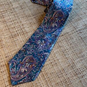 Vintage Oleg Cassini Teal and Lavender Paisley Silk Tie